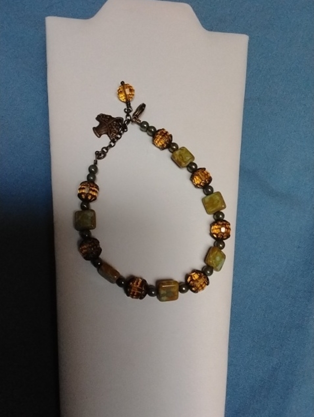 Gold and Olive Green Beaded Bracelet with Charm